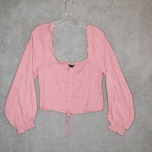 Ever‎ After Womens Blouse Pink Long Sleeve Square Neck Smocked Tie Front L New